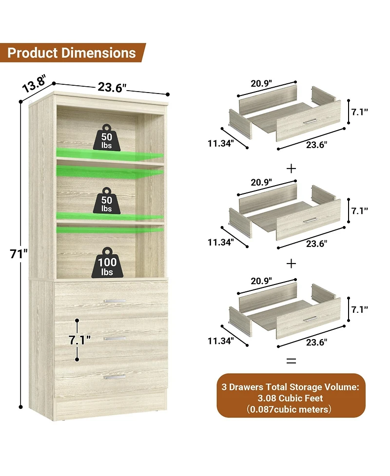 Aheaplus 71" Wooden Storage Cabinet with 3-Drawers, Closet Organizer Shelves