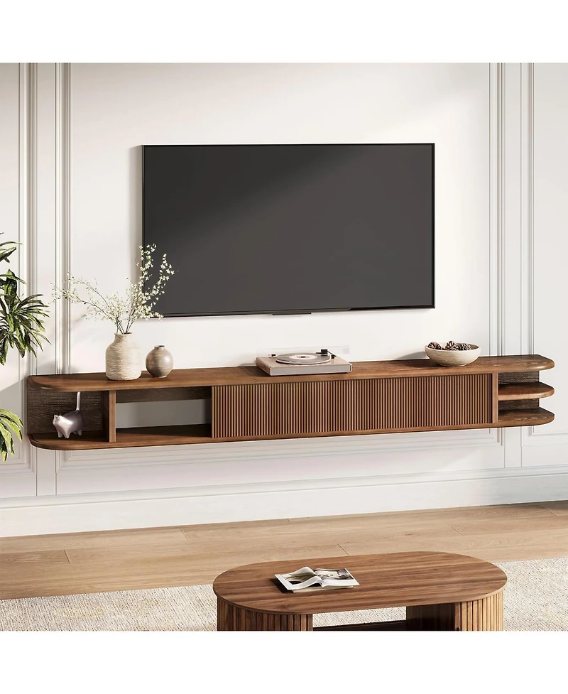 Tribesigns Floating Tv Stand with Fluted Storage Doors, Solid Wood Media Tv Stand with Cable Management, Entertainment Center