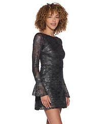 B Darlin Juniors' Long-Sleeve Scoop Neck Foil Lace Mini Dress, Macy's Exclusive