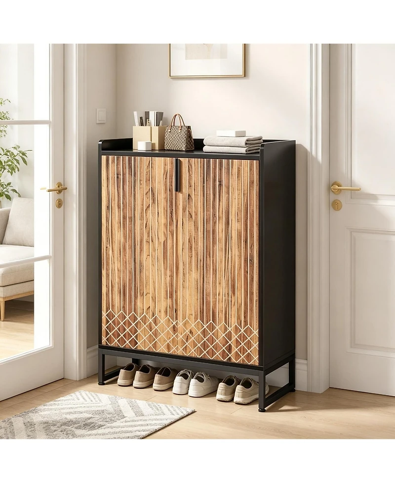 Slickblue Freestanding Shoe Cabinet with 2 Doors and 5 Open Storage Cubbies