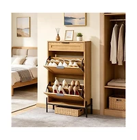 Slickblue Shoe Storage Cabinet with Rattan Finish, Flip-Top Drawer and Metal Legs