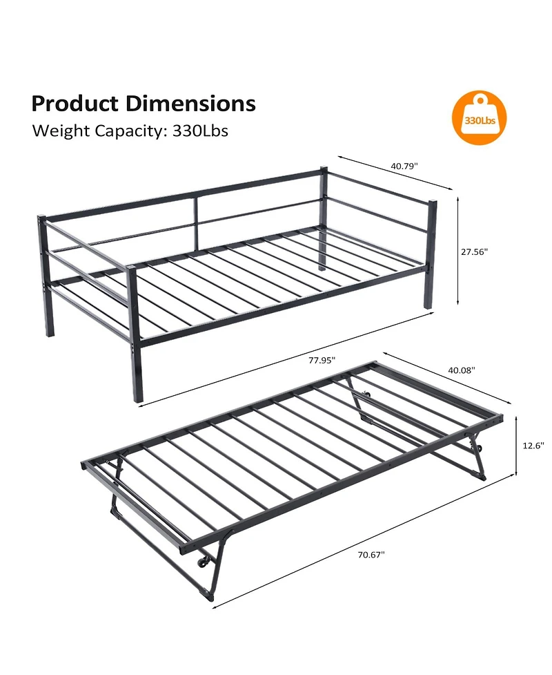 Slickblue Twin Convertible Metal Daybed with Pull-Out Trundle Bed