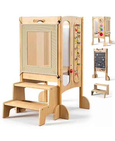 Fed Fitness Foldable Montessori Toddler Tower, Adjustable Kids Kitchen Helper Stool with Safety Net, Detachable Step Stool and Educational Games