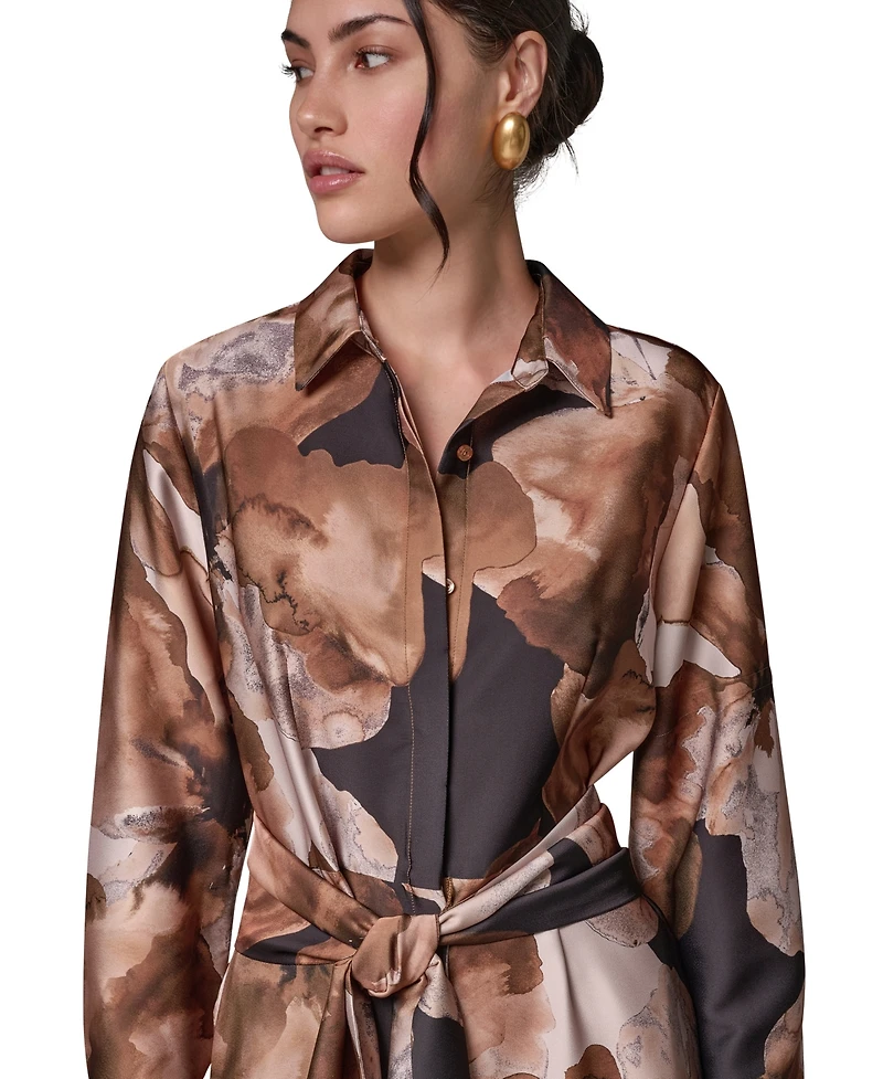 Donna Karan New York Women's Satin Long-Sleeve Midi Shirt Dress