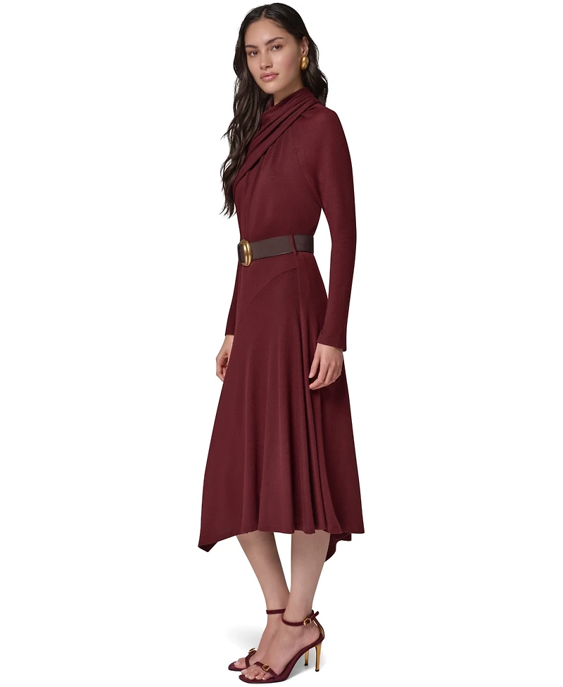 Donna Karan New York Women's Long-Sleeve Mock-Neck Asymmetrical-Hem Midi Dress