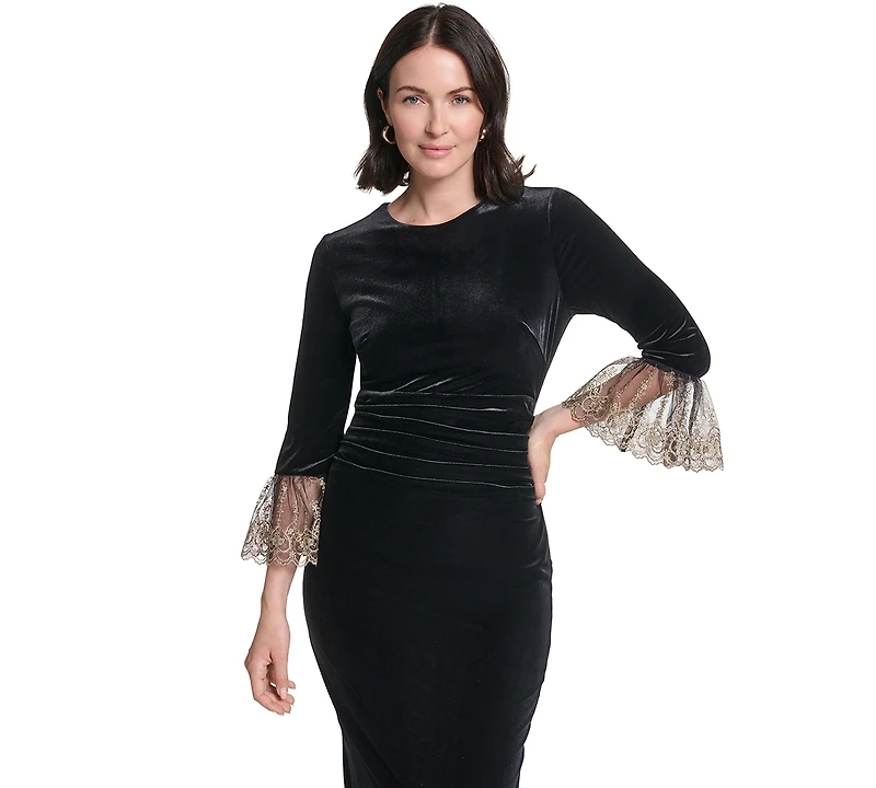 Jessica Howard Petite Velvet Jewel Neck 3/4-Sleeve Midi Dress