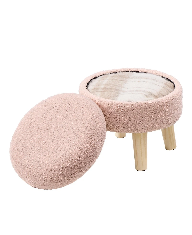 SongmicsHome Round Ottoman, Foot Rest with Wood Legs, Small Table, for Hallway, Living Room, Teddy Fleece