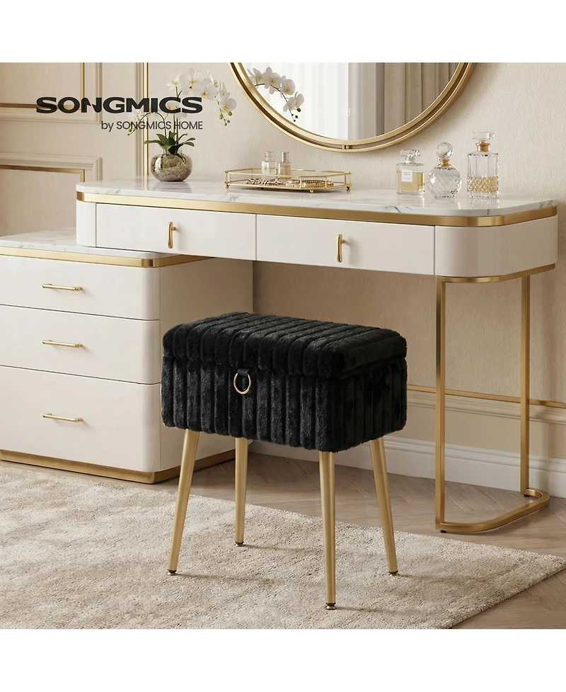 SongmicsHome Vanity Stool with Storage, Plush Makeup Chair Ottoman with Metal Legs