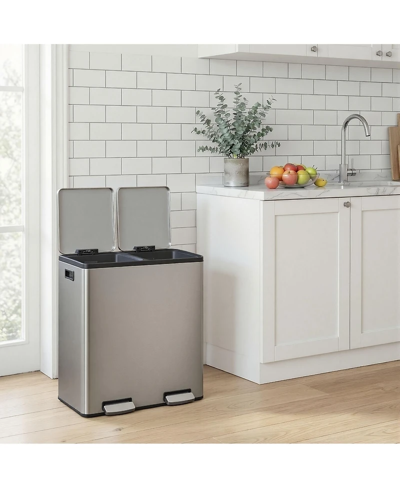 SongmicsHome Dual Compartment Pedal Bin, Stainless Steel Kitchen Recycling Bin with Removable Buckets, Soft Close Lid