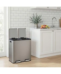 SongmicsHome Dual Compartment Pedal Bin, Stainless Steel Kitchen Recycling Bin with Removable Buckets, Soft Close Lid