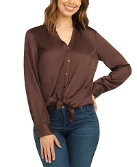 Bcx Juniors' Long-Sleeve Button-Up Tie-Front Blouse