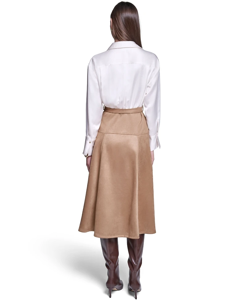 Halston Women's Colorblock A-Line Long-Sleeve Satin & Suede Midi Shirt Dress