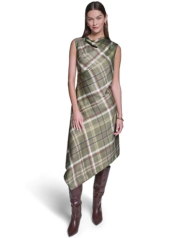 Halston Women's Cowl Neck Plaid Asymmetrical Midi Dress