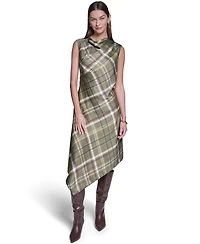 Halston Women's Cowl Neck Plaid Asymmetrical Midi Dress