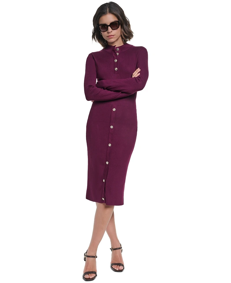 Karl Lagerfeld Paris Women's Mock Neck Midi Button Front Sweater Dress