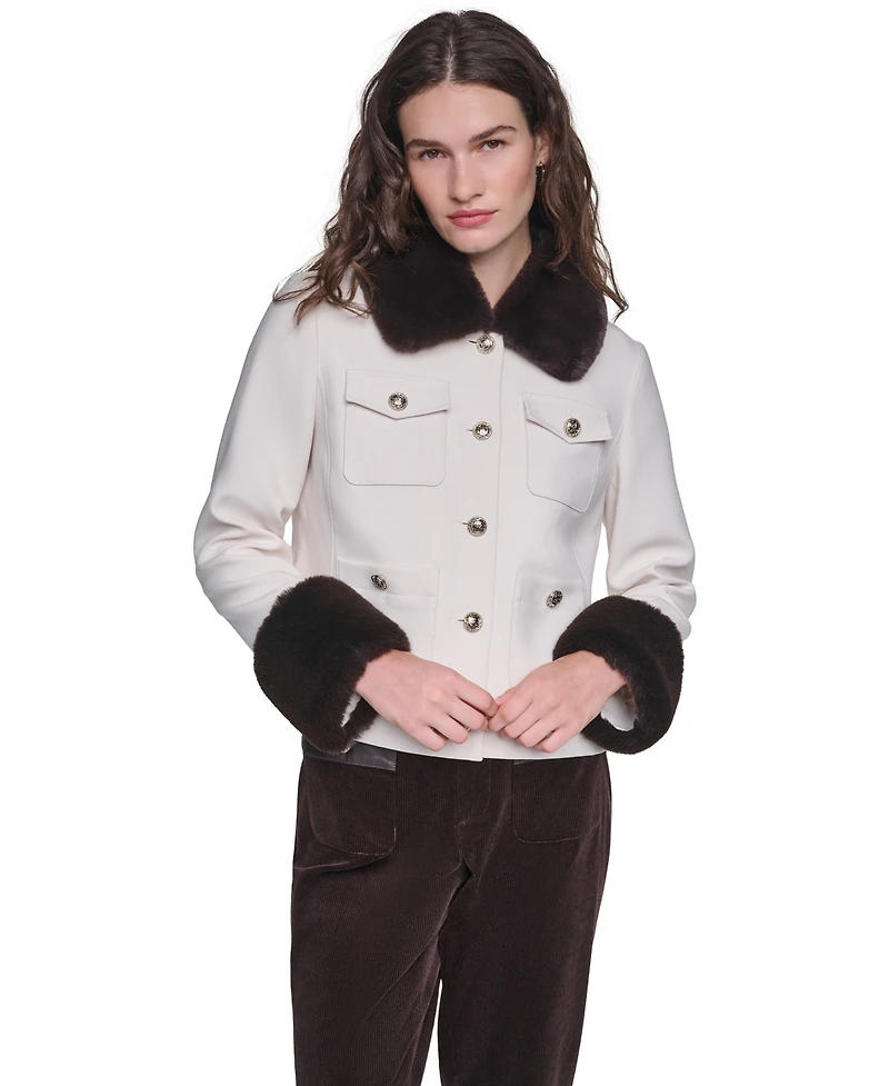 Karl Lagerfeld Paris Women's Faux-Fur Collar and Cuffs Short Jacket