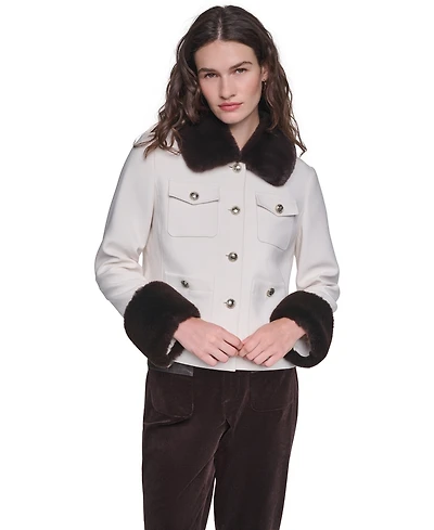 Karl Lagerfeld Paris Women's Faux-Fur Collar and Cuffs Short Jacket