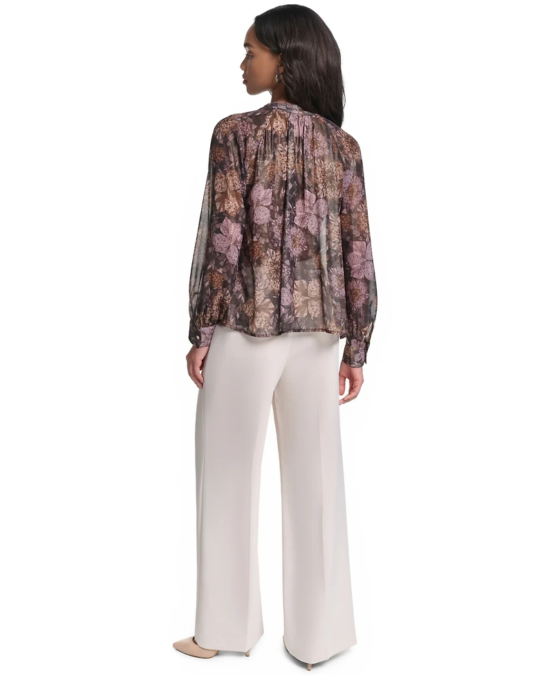 Karl Lagerfeld Paris Women's Tie Neck Sheer Floral Blouse