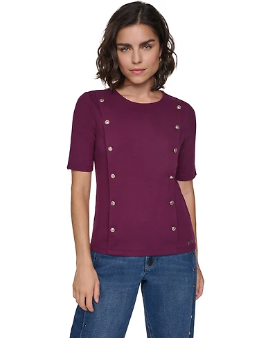 Karl Lagerfeld Paris Women's Short-Sleeve Crewneck Ribbed-Knit Cotton-Blend Sweater