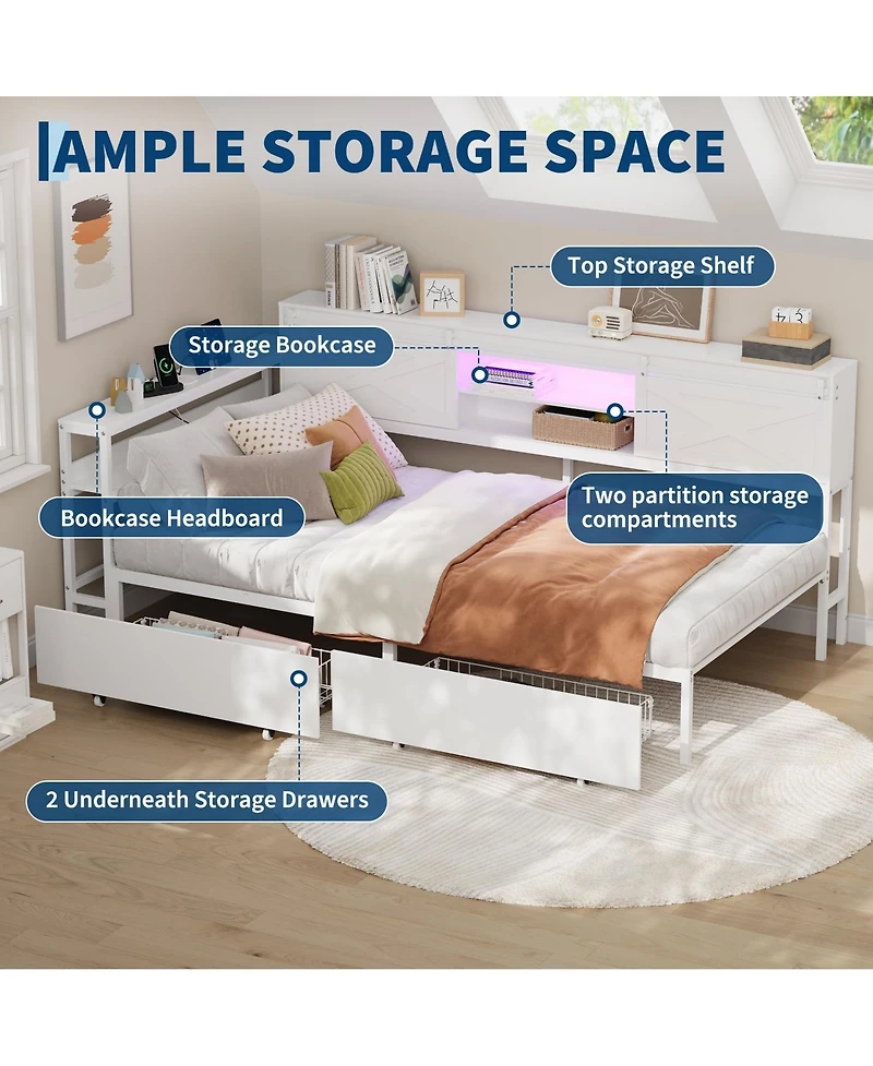 homfan Twin Corner Bed Frame with Storage, Charging Station Led Light, Metal Platform Bed with 2 Drawers, Adjustable Desk and Bookcase Headboard