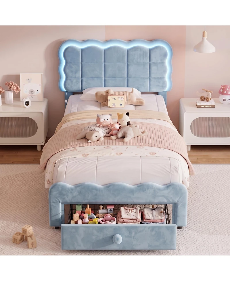 homfan Twin Bed Frame with Led Lights and Storage Drawer, Adjustable Wavy Headboard, Upholstered Platform Bed, Wood Slats Support, No Box Spring