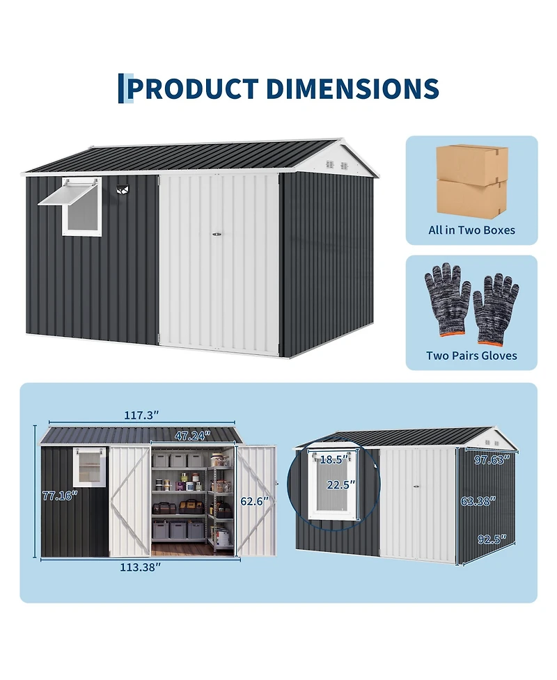 10 x Ft Outdoor Storage Shed with Window, Pegboard and Solar Light, Metal Tool for Garden, Backyard, Patio