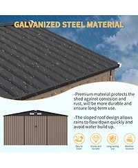 12 x 10 Ft Outdoor Storage Shed with Windows and Solar Lights, Heavy Duty Steel Tool for Backyard, Garden, Patio, Lawn, Dark Gray/Brown