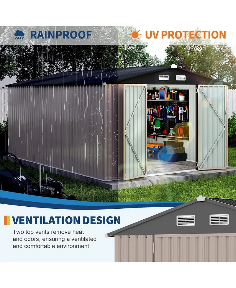 10 x 14 Ft Outdoor Storage Shed, Heavy Duty Steel Garden Tool Shed with Lockable Doors and Vents, for Backyard Patio Lawn, Grey/Brown