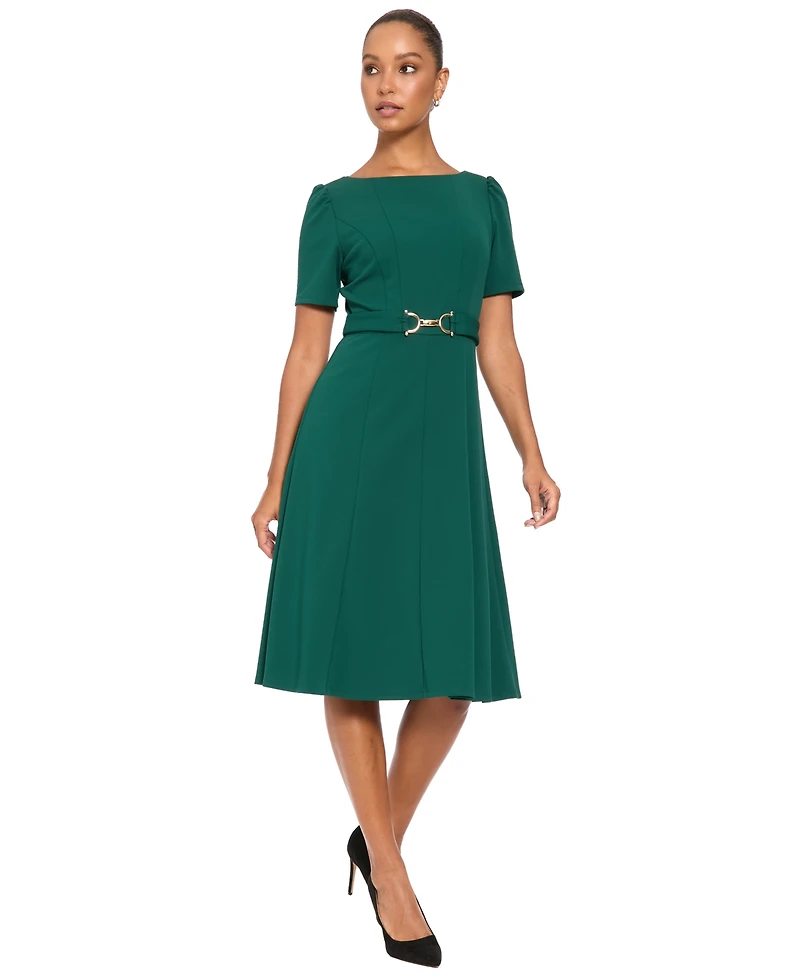 London Times Women's A-Line Belted Midi Dress