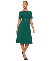London Times Women's A-Line Belted Midi Dress