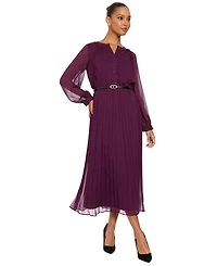 London Times Women's Tea Pleated Chiffon Midi Long-Sleeve Dress