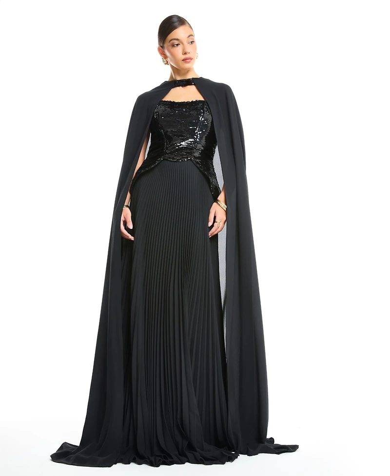 Amri Women's Sequin Bustier Pleated Evening Gown with Detachable Cape