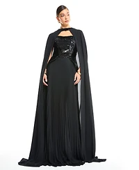Amri Women's Sequin Bustier Pleated Evening Gown with Detachable Cape