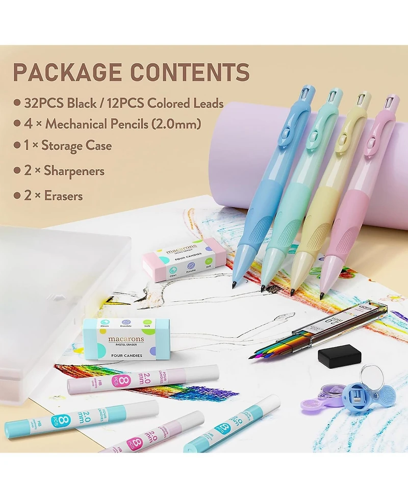 Four Candies 2.0mm Handwriting Pencils for Kids, 4Pieces Cute Mechanical with 44 Lead Refills and Sharpener Eraser