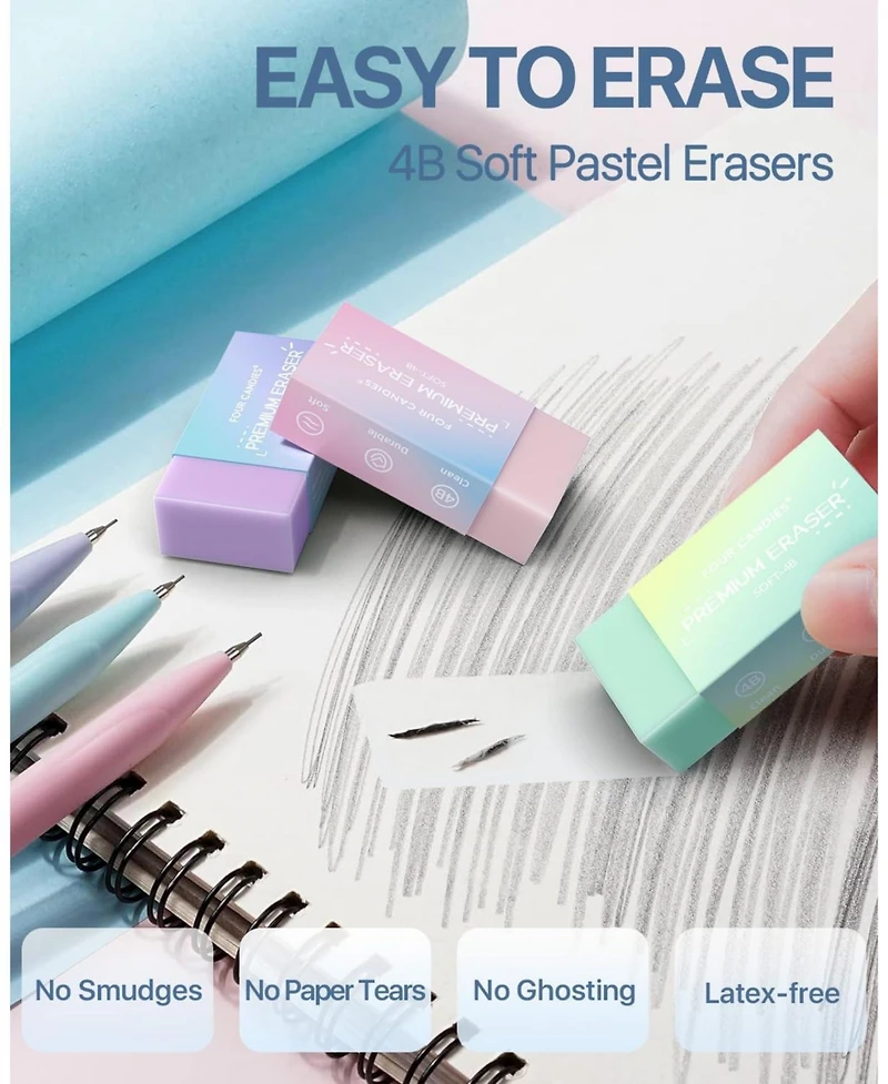 Four Candies Cute Mechanical Pencil Set 6 Pack 0.5mm, 360 Hb/2B Leads Erasers Storage Case, Triangular Grip