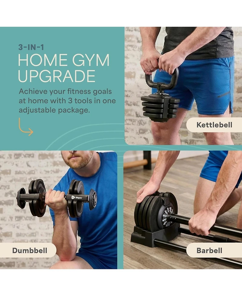 Lifepro Adjustable Dumbbells Set with Rack - Quick Adjust Weights, Secure Grip, Compact Design for Home Gym