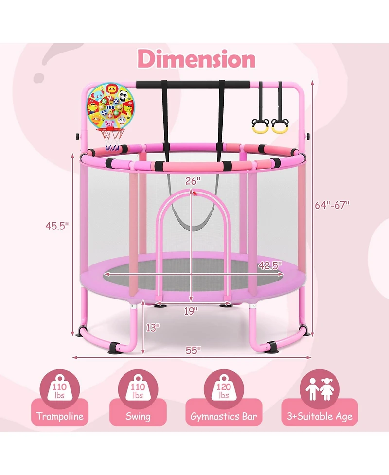 Gymax 60'' Trampoline for Kids with Enclosure with Adjustable Gymnastics Bar Swing Toys