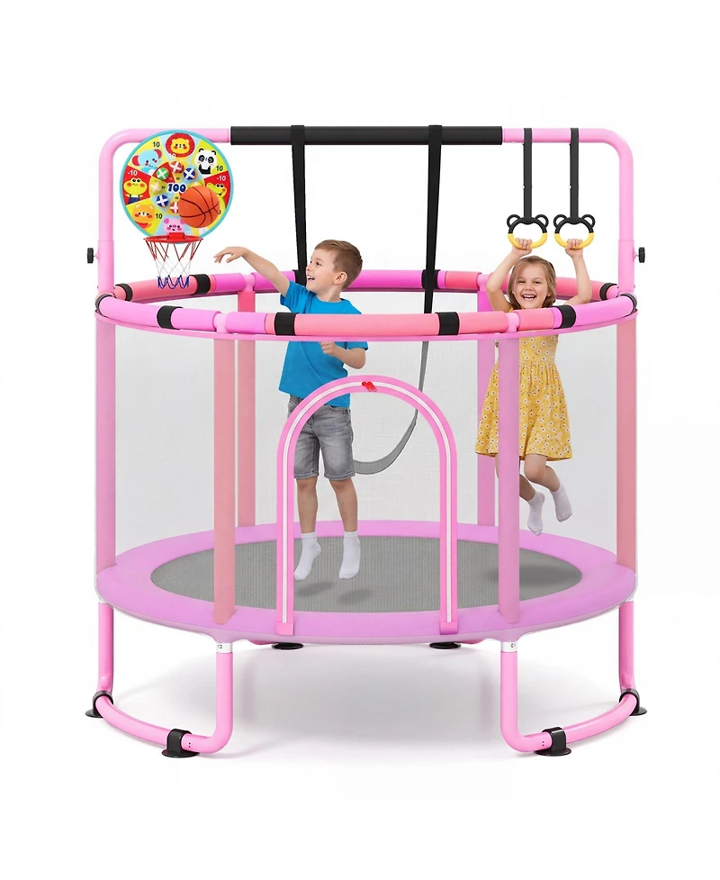 Gymax 60'' Trampoline for Kids with Enclosure with Adjustable Gymnastics Bar Swing Toys