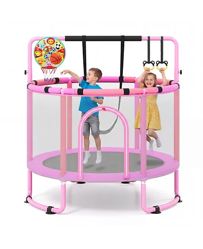 Gymax 60'' Trampoline for Kids with Enclosure with Adjustable Gymnastics Bar Swing Toys