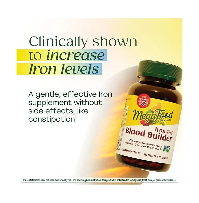 MegaFood Blood Builder Iron Supplement for Women and Men with Vitamin C B12 and Folic Acid 120 Mini Tablets