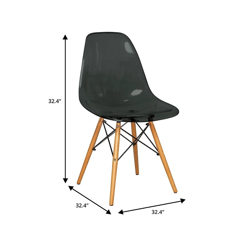 LeisureMod Cresco Modern Molded Acrylic Dining Chair with Eiffel Base and Beech Wood Dowel Legs Ergonomic Curved Seat Accent Side
