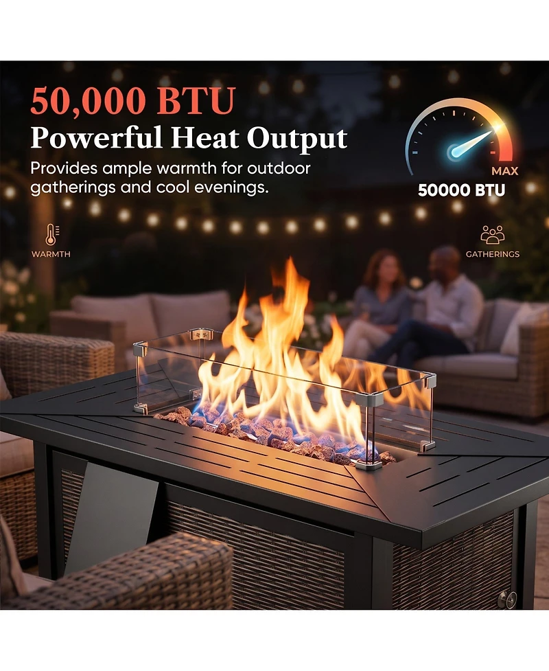 Pocassy 7 Pieces Patio Furniture Set with Fire Pit High Back Outdoor 6-inch Cushions Wicker Swivel Rocker Chairs