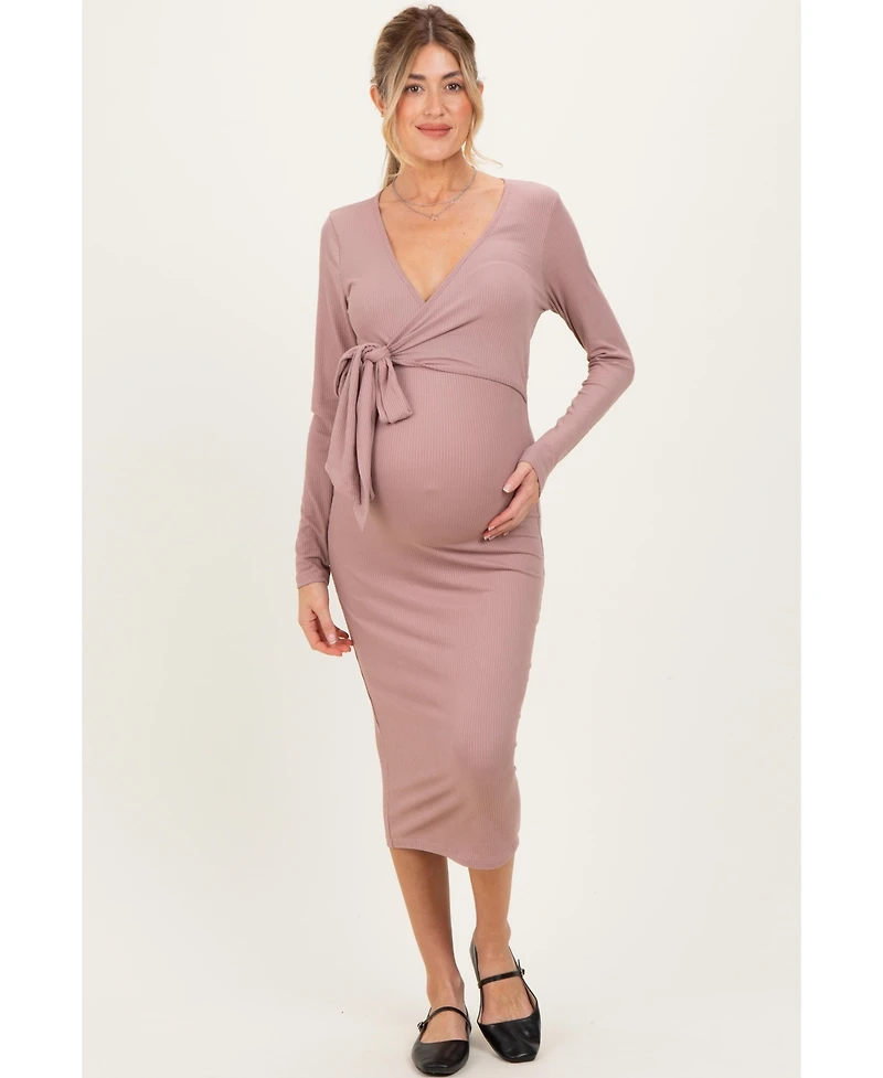 Pinkblush Forest Green Ribbed Long Sleeve Maternity Wrap Dress