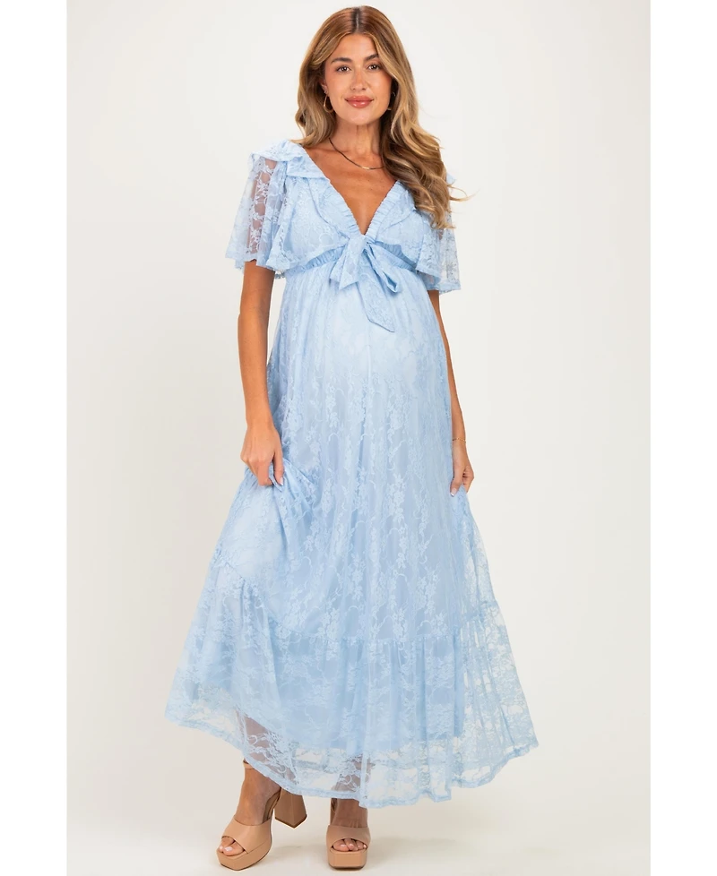 Pinkblush Women's Light Blue Lace Flutter Sleeve Tiered Maxi Dress