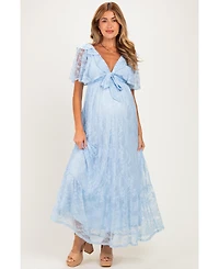 Pinkblush Women's Light Blue Lace Flutter Sleeve Tiered Maxi Dress