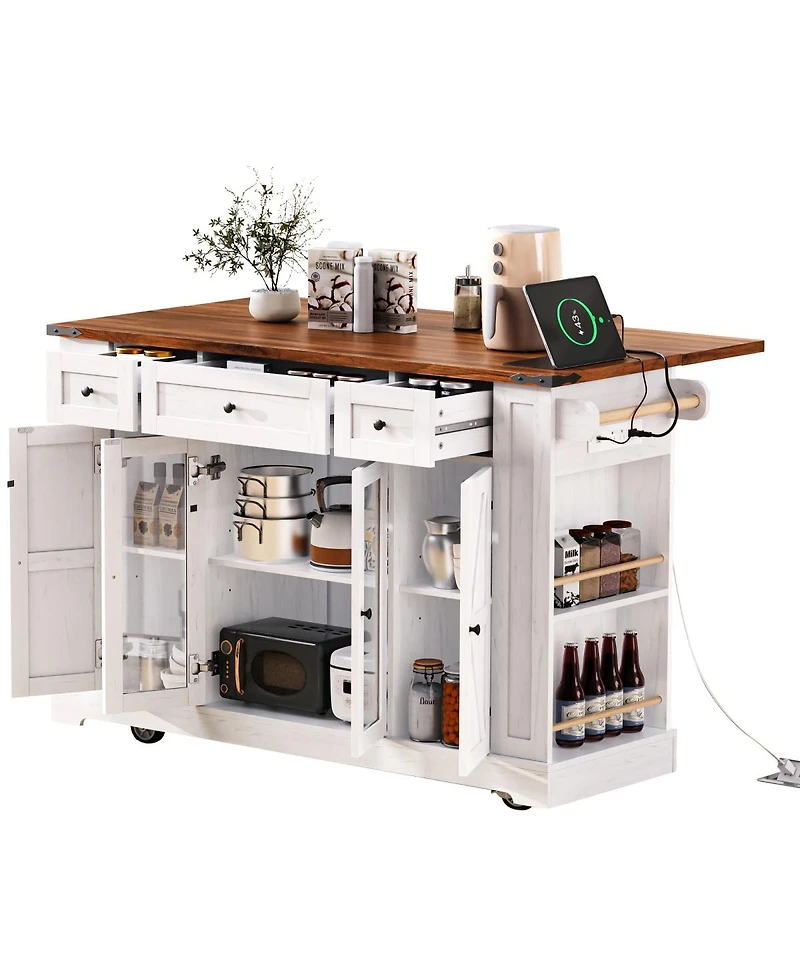 Streamdale Furniture 53" Farmhouse Kitchen Island with Glass Doors, Power Outlet and Drop Leaf