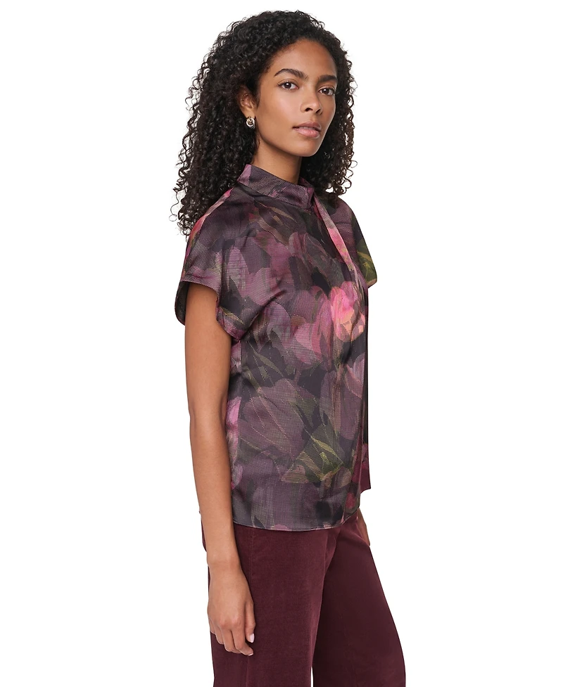 Dkny Women's Floral-Print Mock Neck Short-Sleeve Blouse