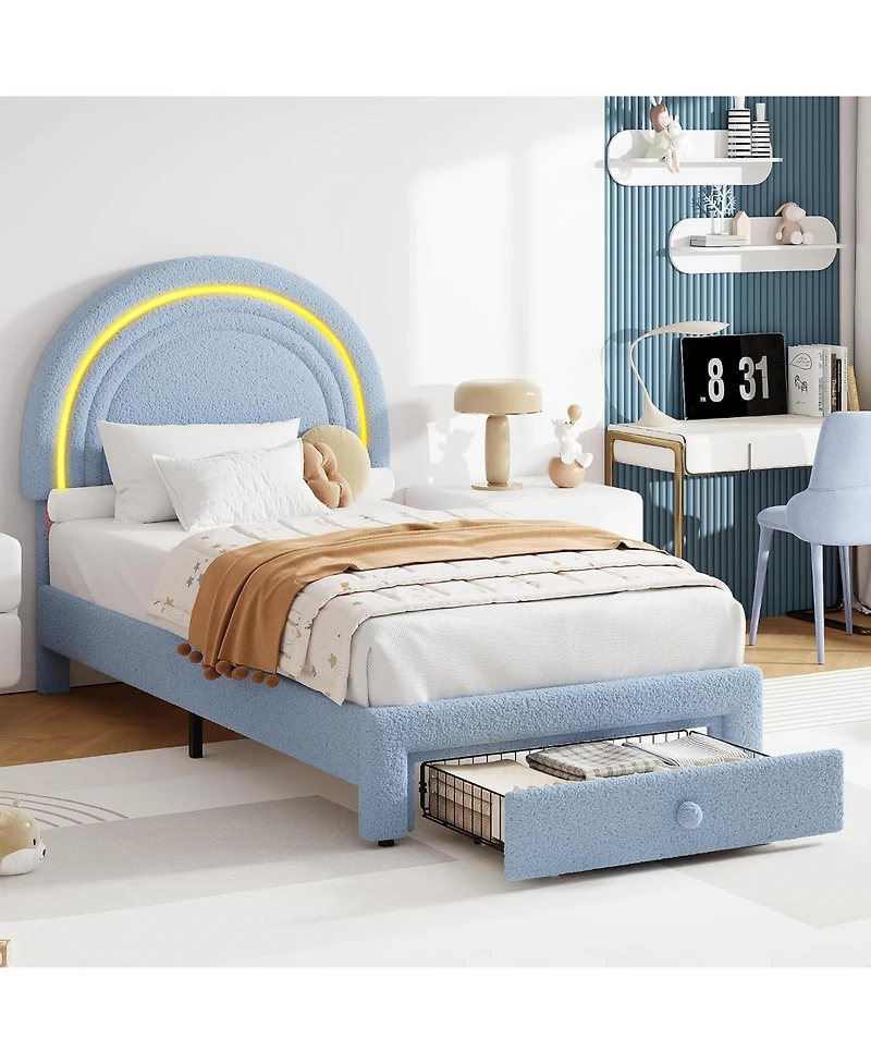 gaomon Twin Upholstered Led Bed Frame with Storage Drawer and Rainbow Headboard, Berber Fleece Princess Platform Bed for Kids, Wood Slats Support