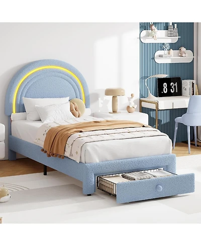gaomon Twin Upholstered Led Bed Frame with Storage Drawer and Rainbow Headboard, Berber Fleece Princess Platform Bed for Kids, Wood Slats Support