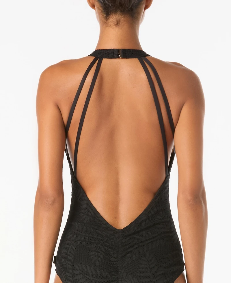 Vince Camuto Women's Plunge V-Neck Crochet Ruched One-Piece Swimsuit